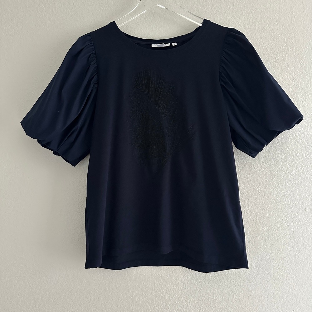 Chico's Embroidered Leaf Puff Sleeve Top Women Size M Navy Blue Cotton Blend